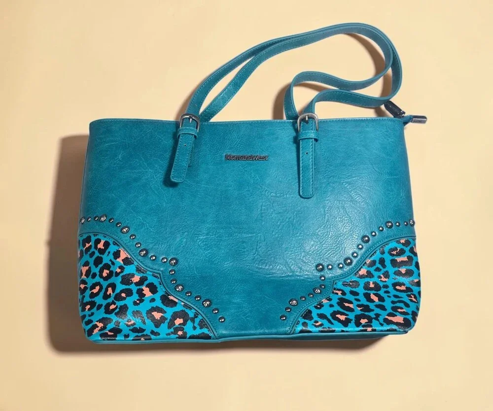 Montana West Turquoise Leopard Studded Western Concealed Carry Shoulder Bag